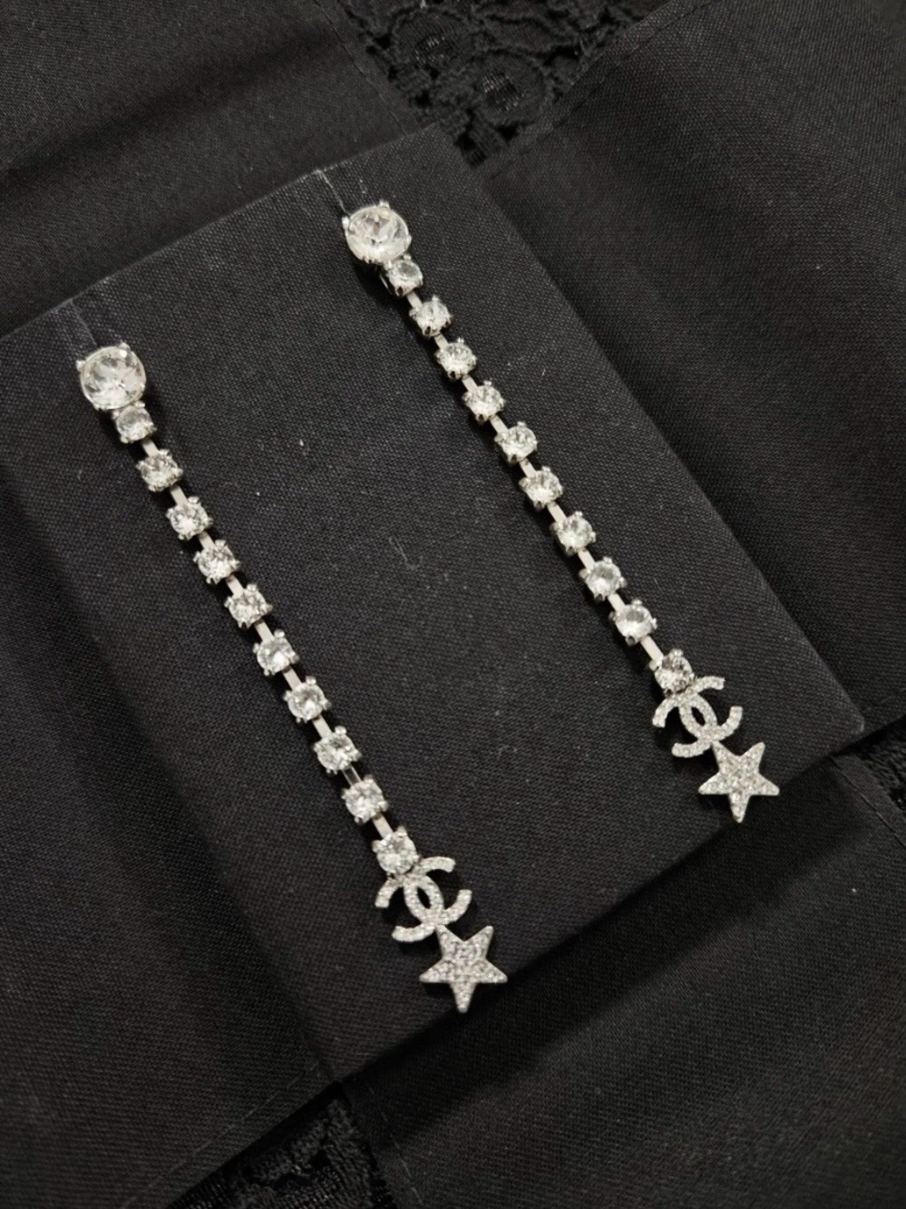 Double C Drop Crystal Star ⭐️ Logo Earrings For pierced Ears (3.15 inch Drop)